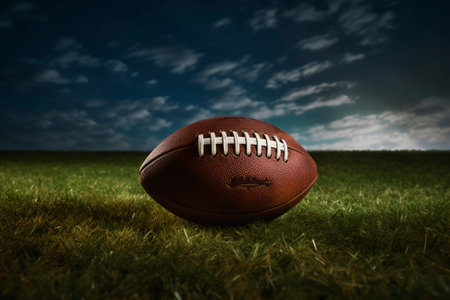 American football ball on the grass. Generative AI. High quality photoの素材