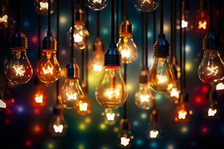 Multi-colored retro light bulbs. Generative AI. High quality photoの素材