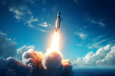 The launch of the shuttle into space. Generative AI. High quality photoの素材