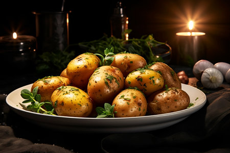 Baked potatoes with herbs. Generative AI. High quality photoの素材