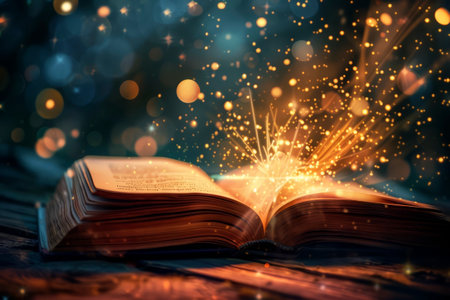 An open book with glowing pages. Generative AI. High quality photoの素材