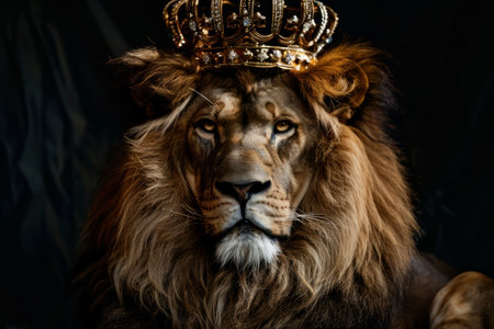 A lion with a crown on his head and a beautiful mane. Generative AIの素材