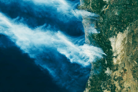 Forest fires viewed from satellite perspective showing smoke patterns and terrain. Elements of this image furnished by NASA. High quality photoの写真素材
