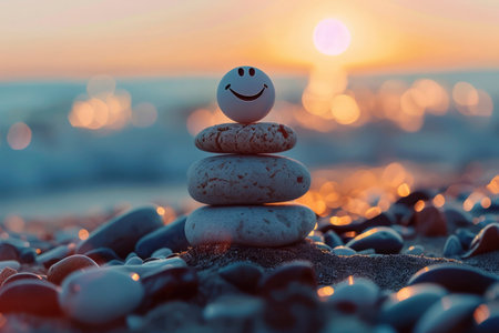 Pebbles with a smile on the shore at sunset. Generative AI. High quality photoの素材