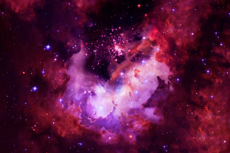 Purple and red space nebula with starsの写真素材