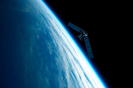 A space satellite above the Earth's surface. Elements of this image furnished by NASA. High quality photoの写真素材