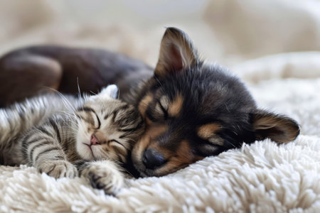 The puppy and the cat sleep together. Generative AI. High quality photoの素材