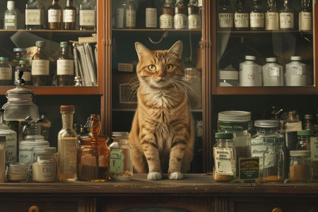 Cat pharmacist behind the pharmacy counter. Generative AIの素材