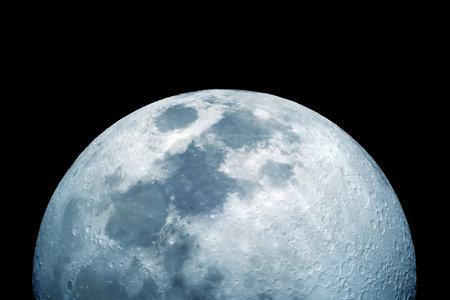 Moon dominates dark sky, detailed craters visible. Surface shows gray and blue tones. Elements of this image furnished by NASA