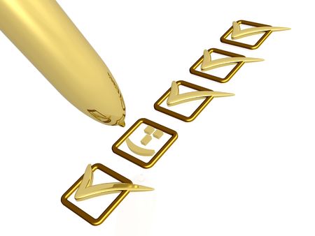 Pen with ticks and smile on white background. の写真素材