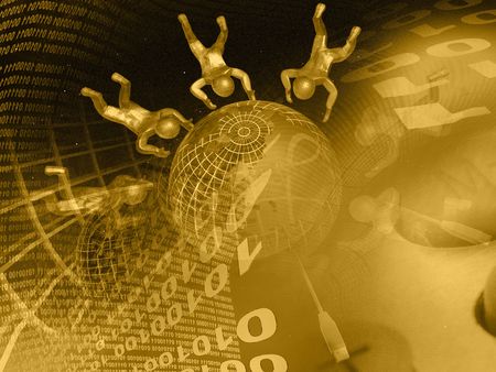 Globe, mans and digits against the digital background (sepia). の写真素材