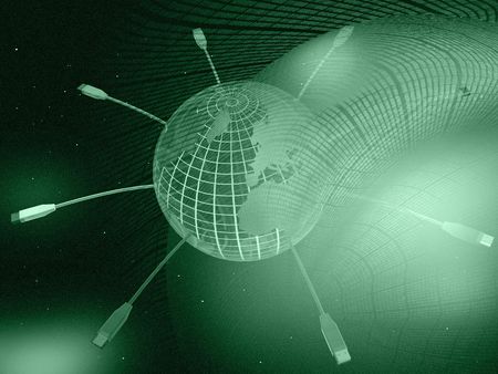 Cables, plugs and globe against star background (green). の写真素材
