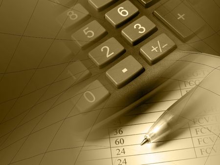 Pen and calculator against the table and chart - collage in sepia.の写真素材