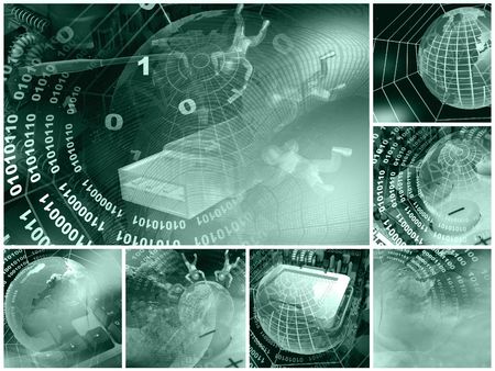 Cobweb, motherboard and globe against star background - patchwork (green). の写真素材