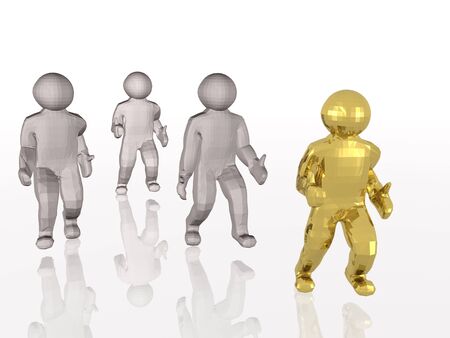 Gold 3d man finishing, white reflective background.