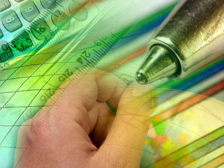 Hand, pen, ruler and calculator against the globe and chart - collage.の写真素材