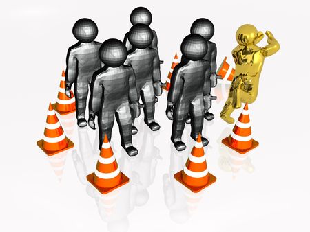 Gold man breaking barrier and gray mans, white background.の写真素材