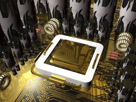 Different electronic components and processor on the motherboard. 
