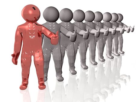 Satisfied different mans on white reflective background.の写真素材