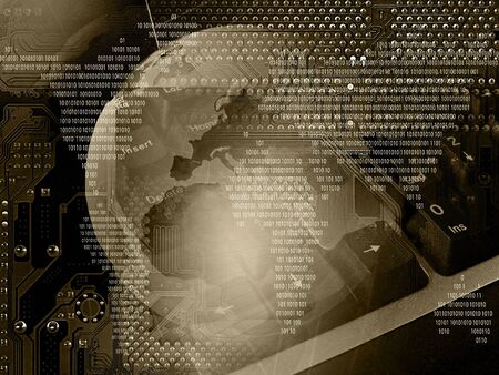  Communication collage - globe, digits and cobweb on electronic background. 
