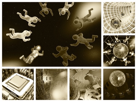 Communication collage - map, keyboard and mans on space background.