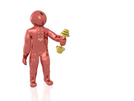 Red man with dumbbell on white reflective background.の写真素材