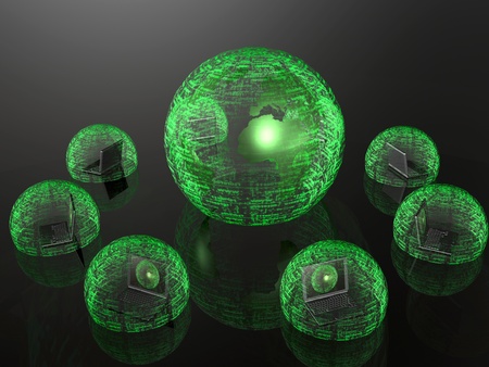 Network - notebooks and green firewalled globe on black background.