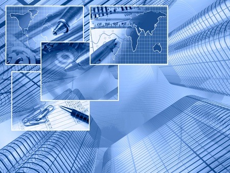 Business collage about reporting with frames and office buildings.の写真素材