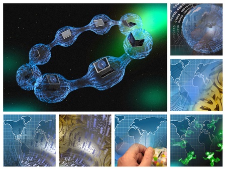 Cobweb, motherboard and globe against star background - mosaic. 