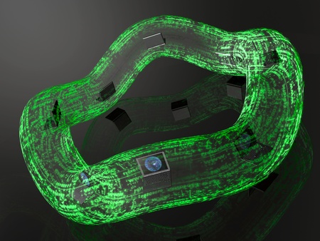 Network - notebooks and green firewalled globe on black background.の写真素材