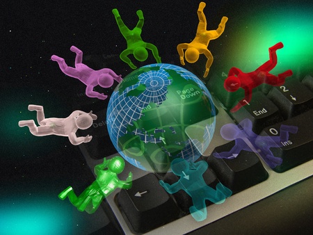 Mans, keys and globe against star background - mosaic. の写真素材