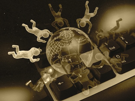 Mans, keys and globe against star background - mosaic. の写真素材