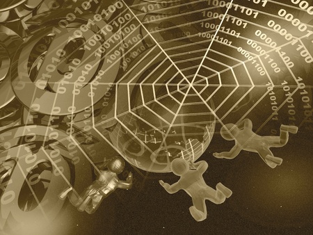Cobweb, mans and globe against star background. 