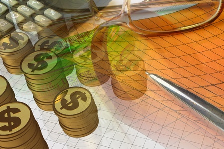 |Business collage about reporting - pen, calculator and coins.の写真素材