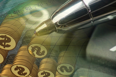 Ruler, pen and coins - collage  about reporting.の写真素材