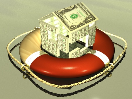 Life buoy with money home on degraded reflective background.の写真素材