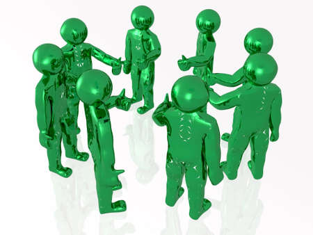 Satisfied green mans on white reflective background.の写真素材