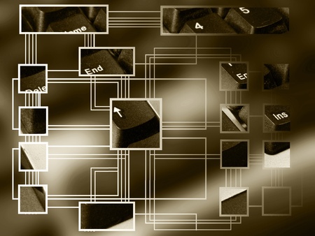 Electronic background with keys, digits and scheme, sepia.
