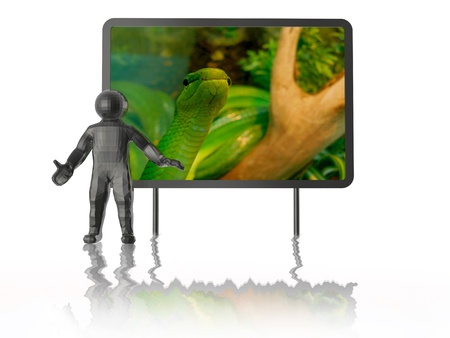 Man with presentation stand about nature, white background.の写真素材