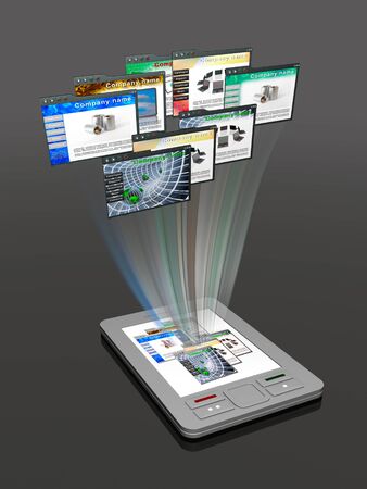 Communicator with web pages on dark background.の写真素材