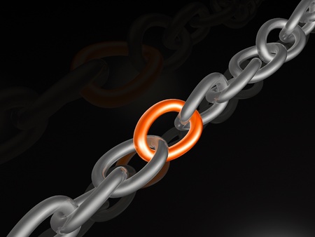 Grey chain with red link, black background.の写真素材