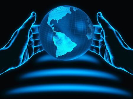 Hands and globe on black background.