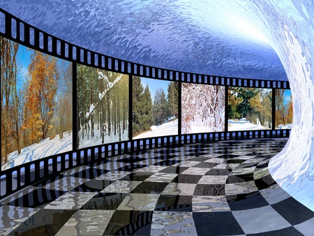 Film roll with color pictures (winter) in the tunnel.の写真素材