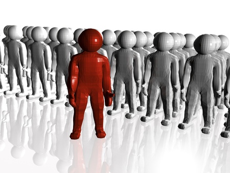 Red and white mans on white reflective background.の写真素材