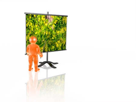 Ecology presentation - man and presentation stand on white background.