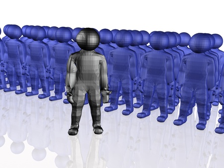 Blue and black mans on white reflective background.の写真素材