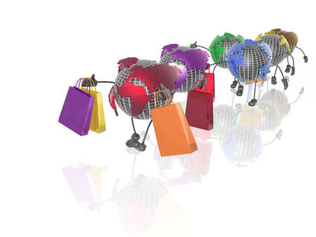 Globes with shop bags on the white background.の写真素材