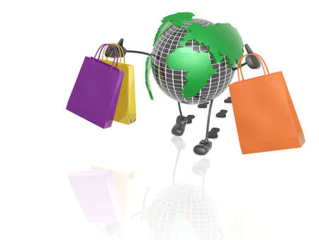 Globe with shop bags on the white background.の写真素材