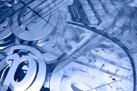 Business background with graph, ruler, pen, buildings and calculator, in blues.