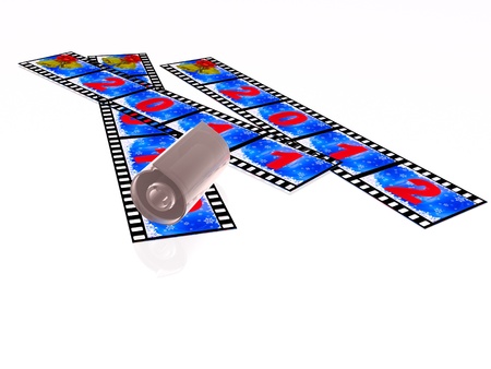 Film roll with color pictures (christmas) on white background.の写真素材